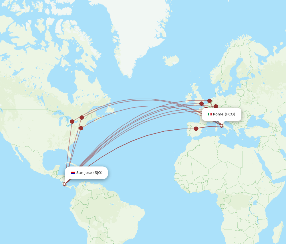 FCO to SJO flights and routes map