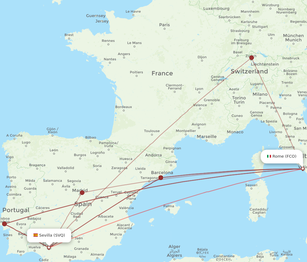 FCO to SVQ flights and routes map