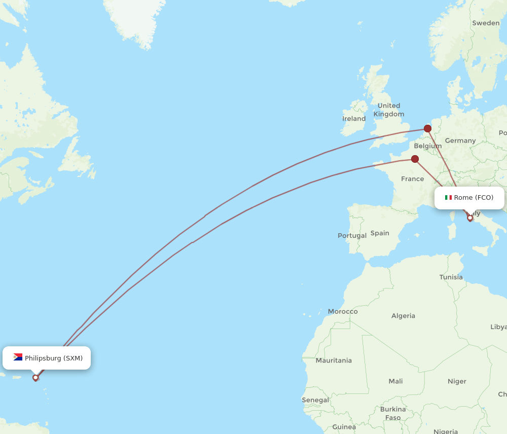 FCO-SXM flight routes
