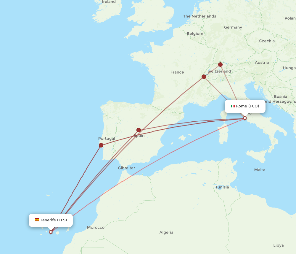 FCO to TFS flights and routes map