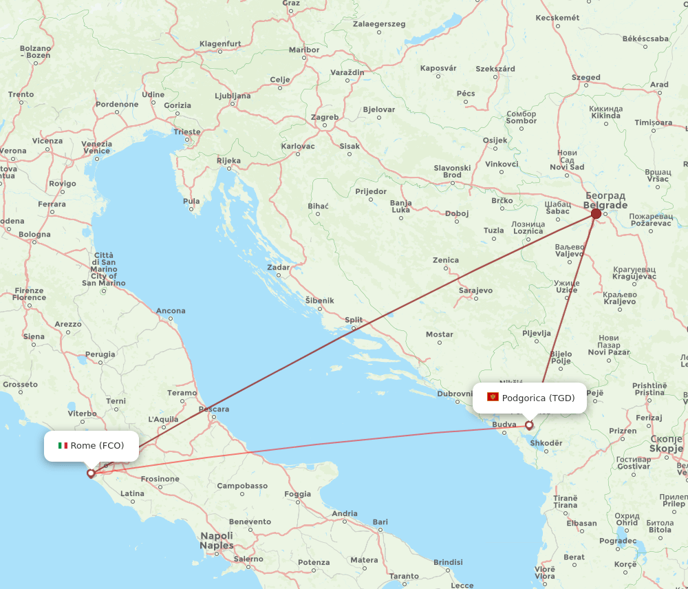 FCO to TGD flights and routes map