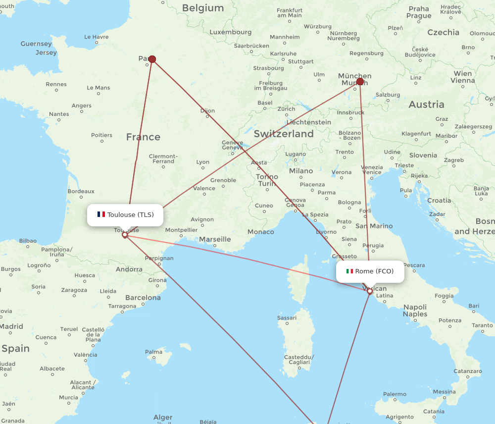 FCO to TLS flights and routes map