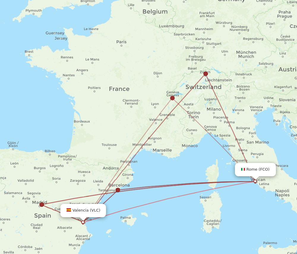 FCO to VLC flights and routes map