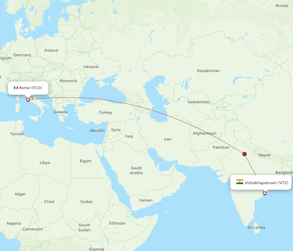 Vishakhapatnam - Rome route map and flight paths