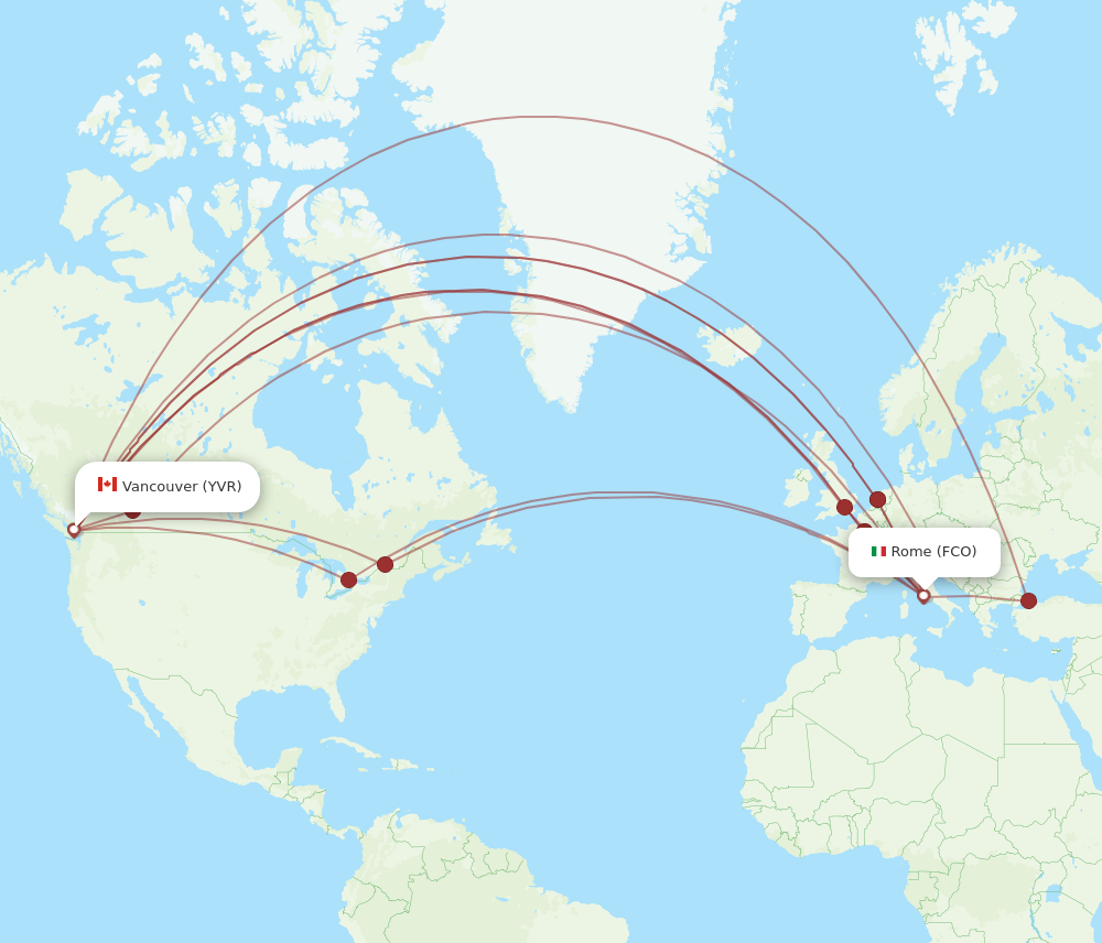 FCO to YVR flights and routes map