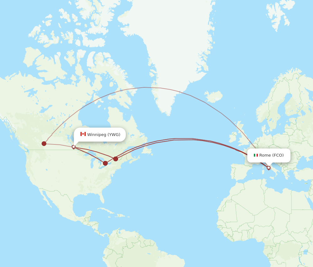 YWG to FCO flights and routes map