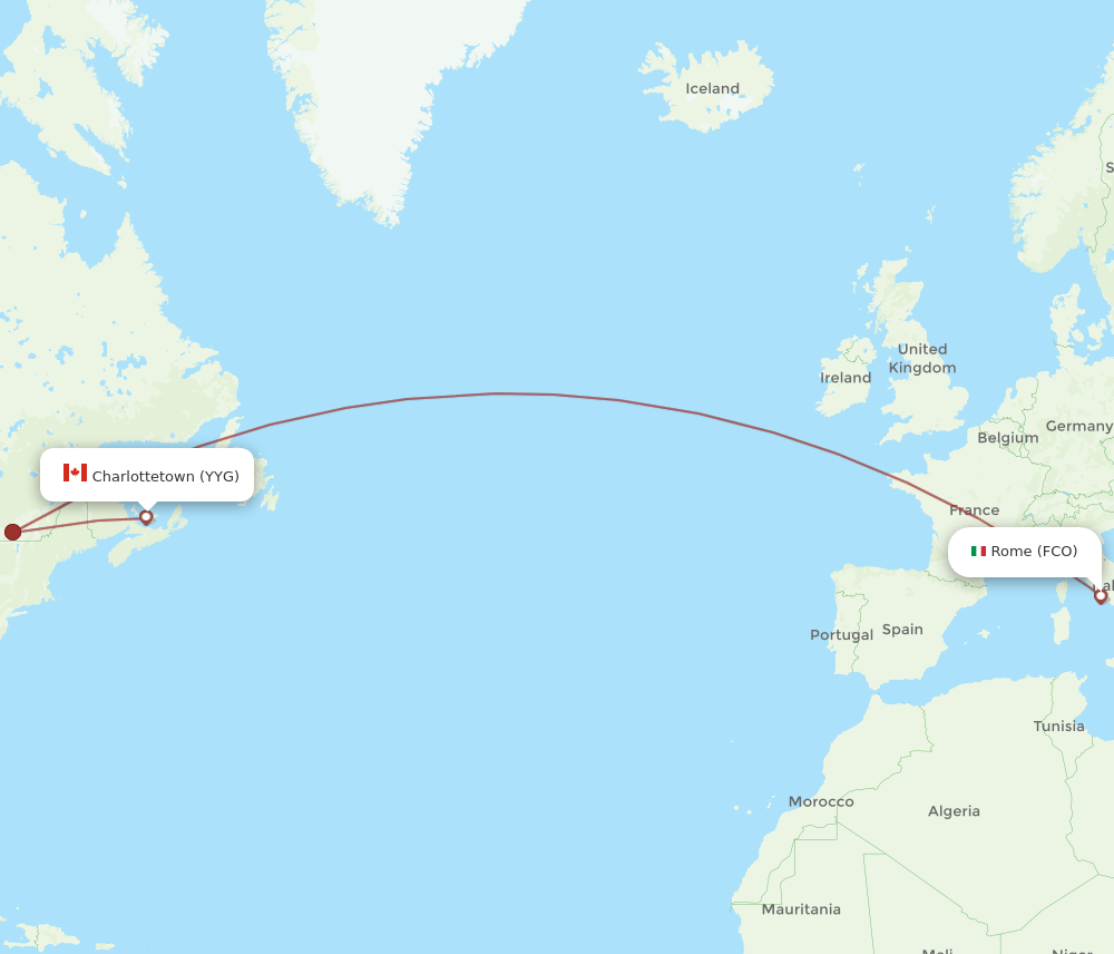 Charlottetown - Rome route map and flight paths