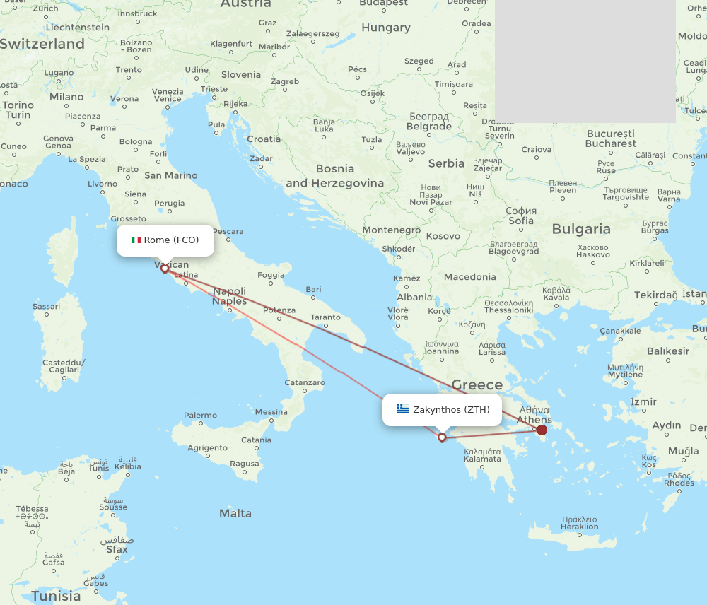 FCO to ZTH flights and routes map