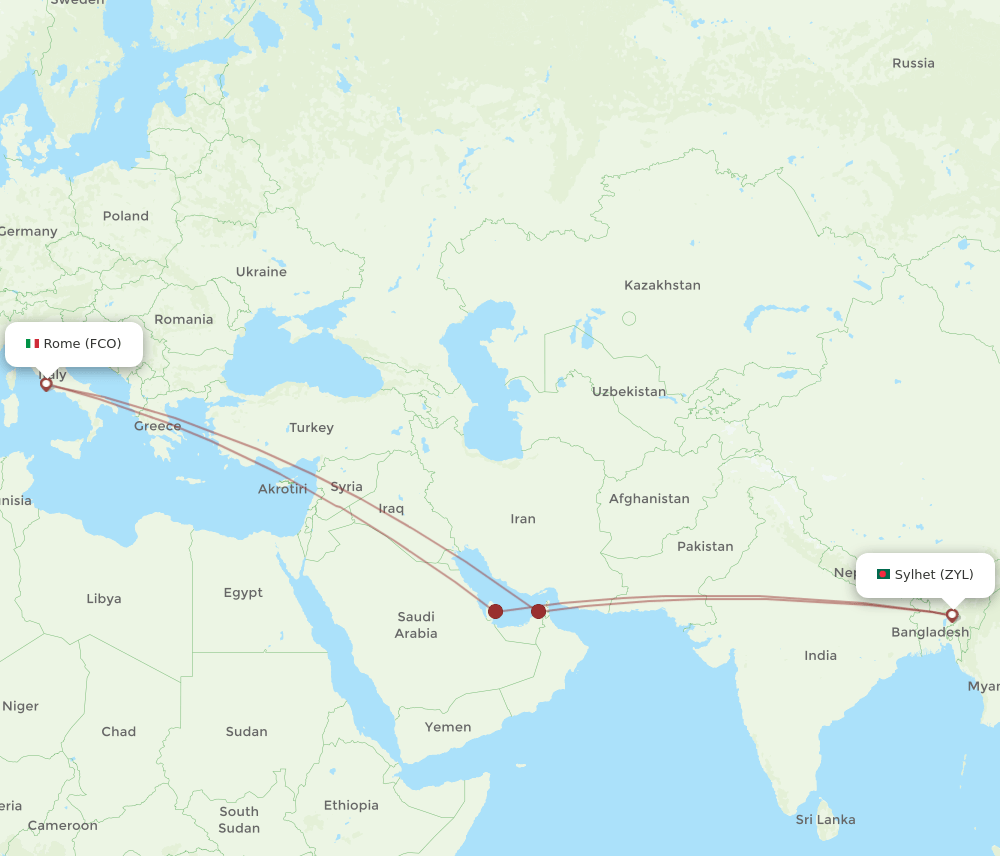 Sylhet - Rome route map and flight paths