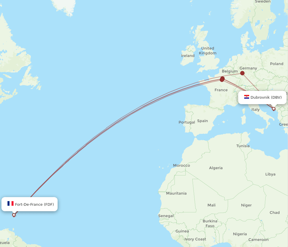Dubrovnik - Fort De France route map and flight paths