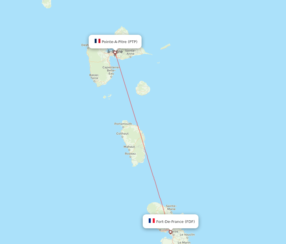 Fort De France - Pointe-a-Pitre route map and flight paths