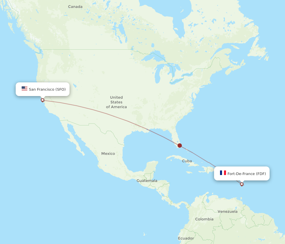 Fort De France - San Francisco route map and flight paths