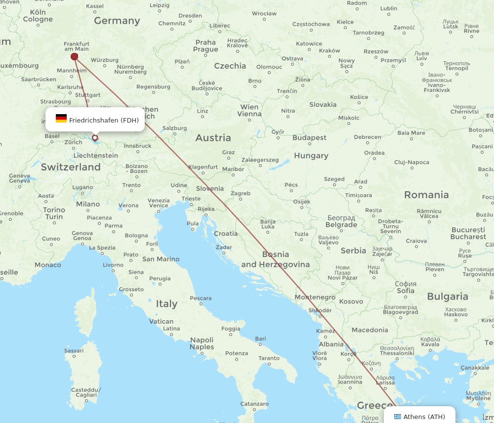 Friedrichshafen - Athens route map and flight paths