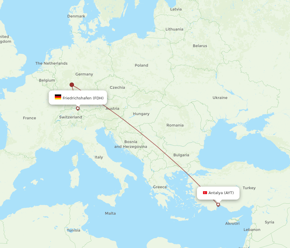 Friedrichshafen - Antalya route map and flight paths