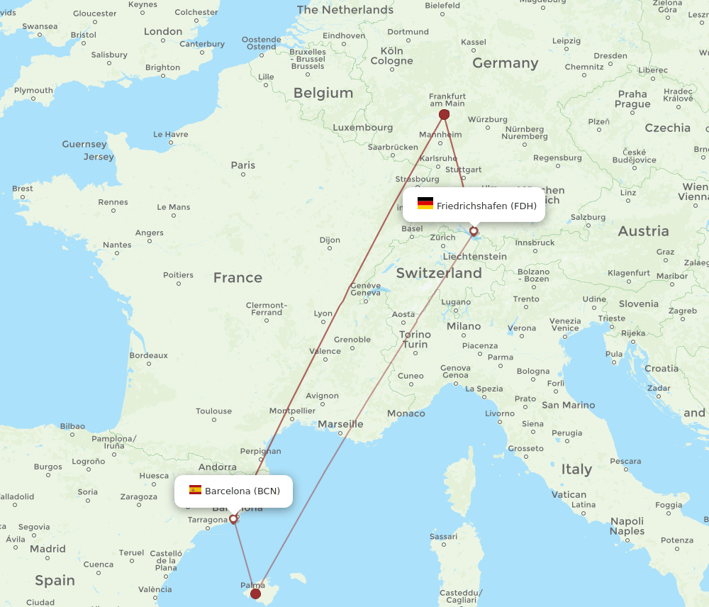 Friedrichshafen - Barcelona route map and flight paths