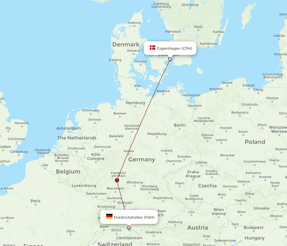 Friedrichshafen - Copenhagen route map and flight paths