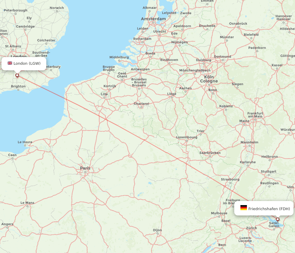 Friedrichshafen - London route map and flight paths