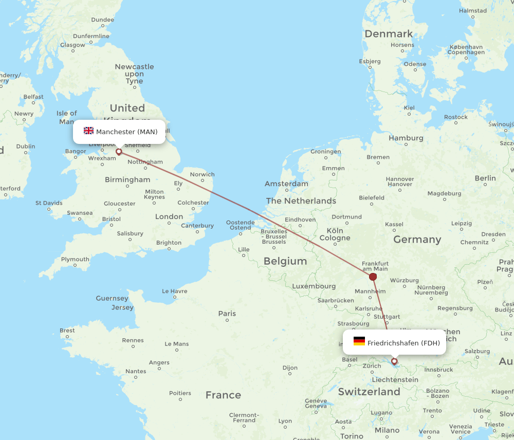 Friedrichshafen - Manchester route map and flight paths
