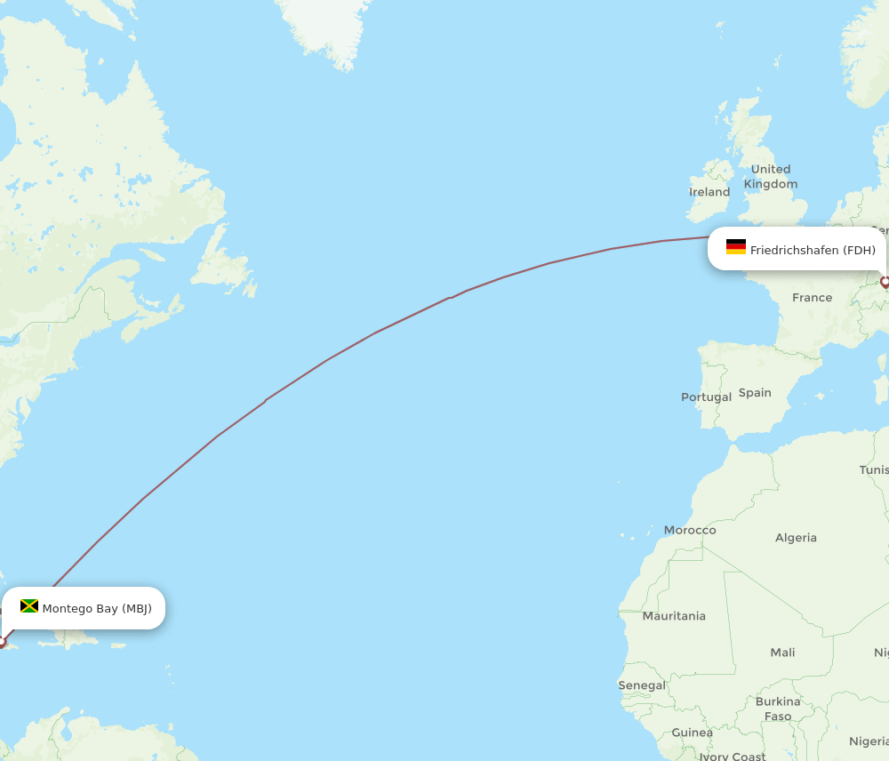Friedrichshafen - Montego Bay route map and flight paths