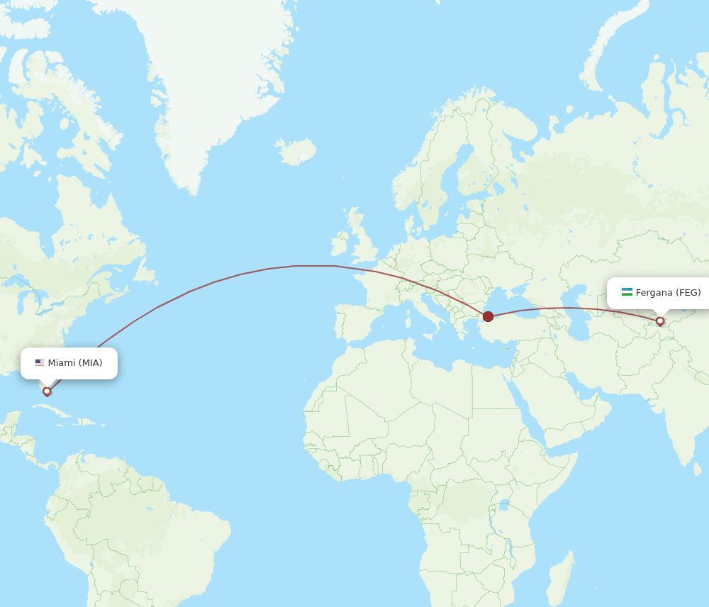 Miami - Fergana route map and flight paths