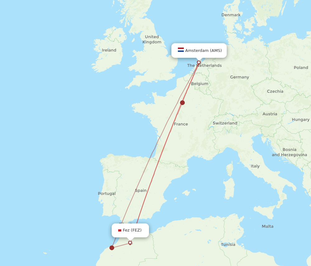 FEZ to AMS flights and routes map
