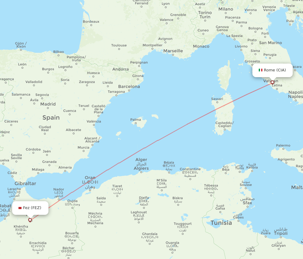 Fes - Rome route map and flight paths
