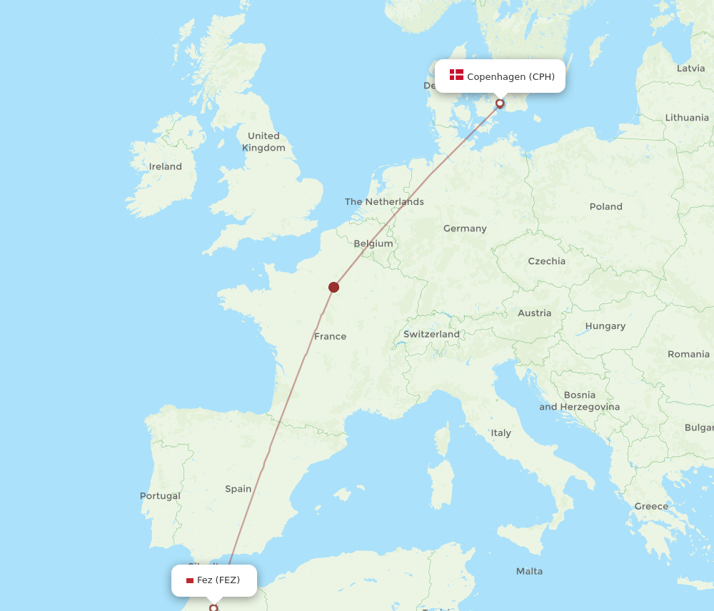 Fes - Copenhagen route map and flight paths