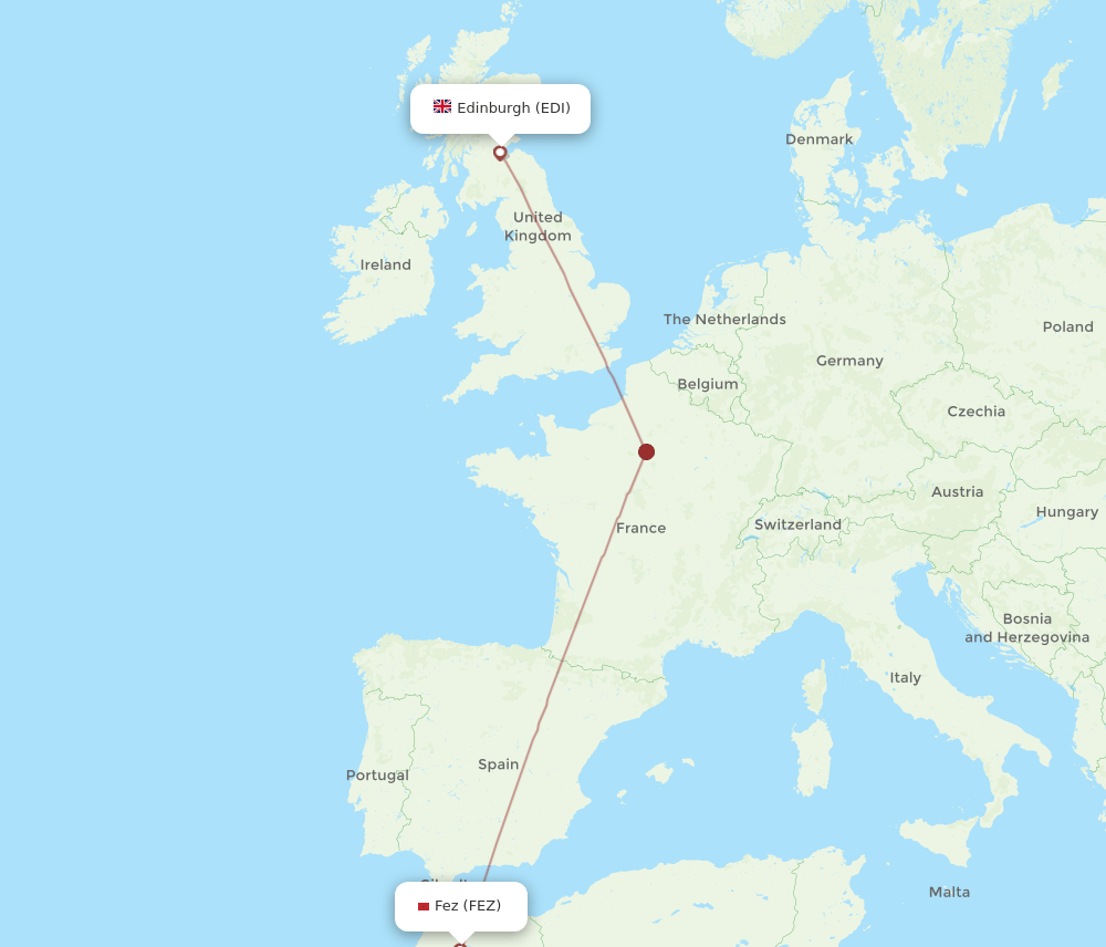Fes - Edinburgh route map and flight paths