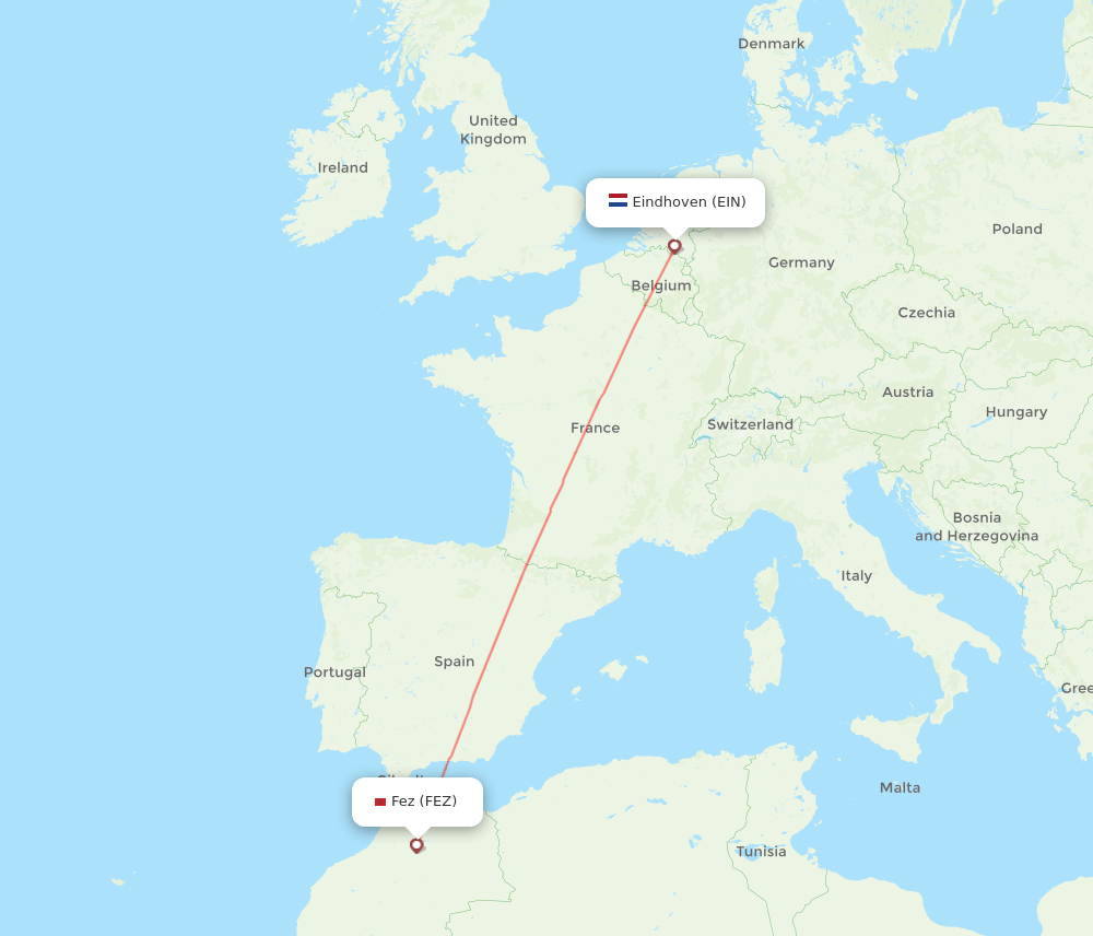 Fes - Eindhoven route map and flight paths