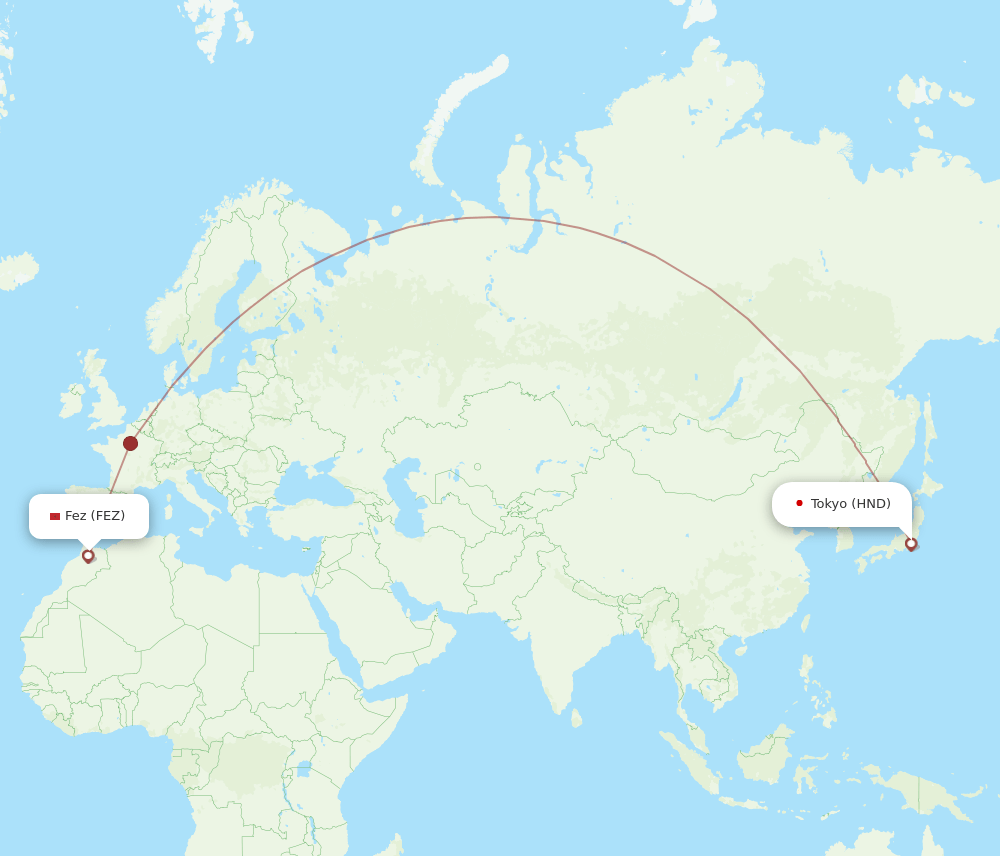 Tokyo - Fes route map and flight paths