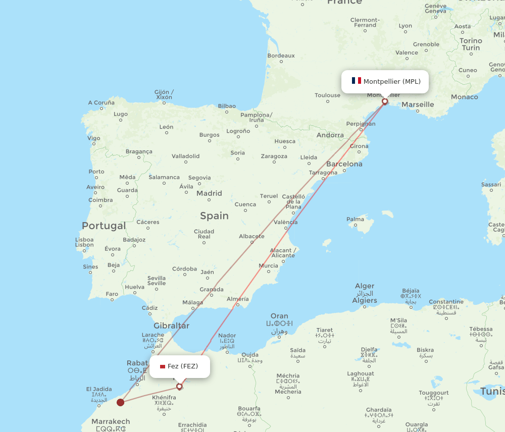 Fes - Montpellier route map and flight paths