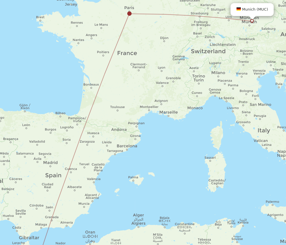 Fes - Munich route map and flight paths