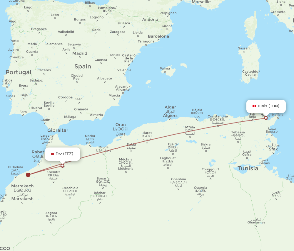 FEZ to TUN flights and routes map