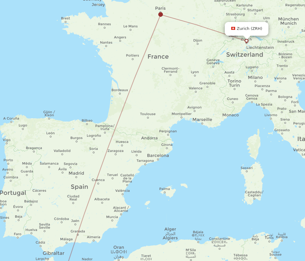 Zurich - Fes route map and flight paths