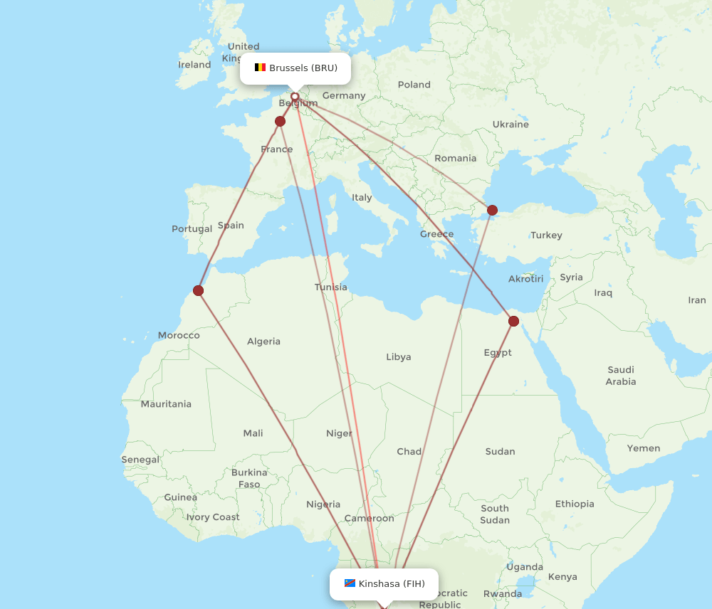 FIH-BRU flight routes