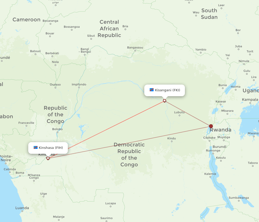 Kisangani - Kinshasa route map and flight paths