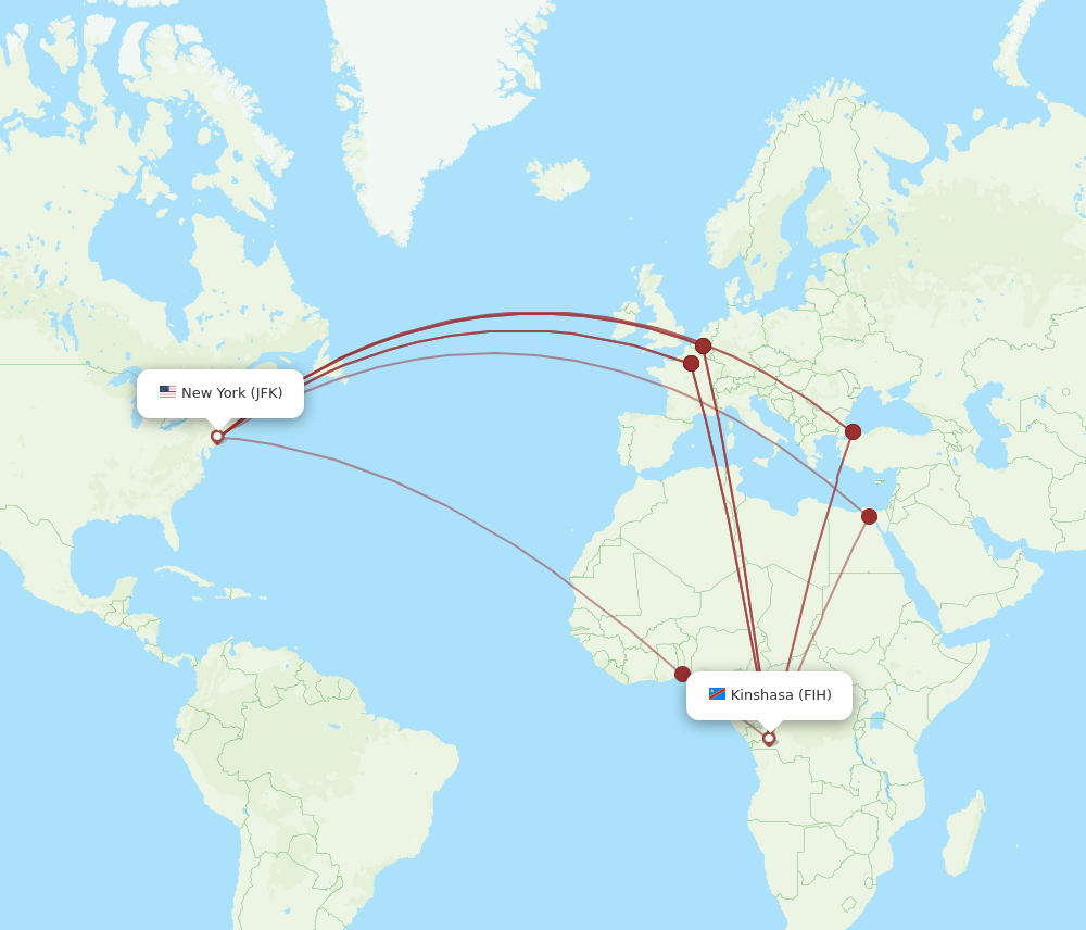 FIH to JFK flights and routes map
