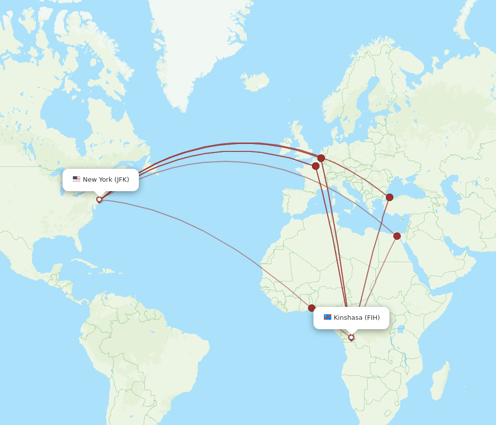 FIH-JFK flight routes