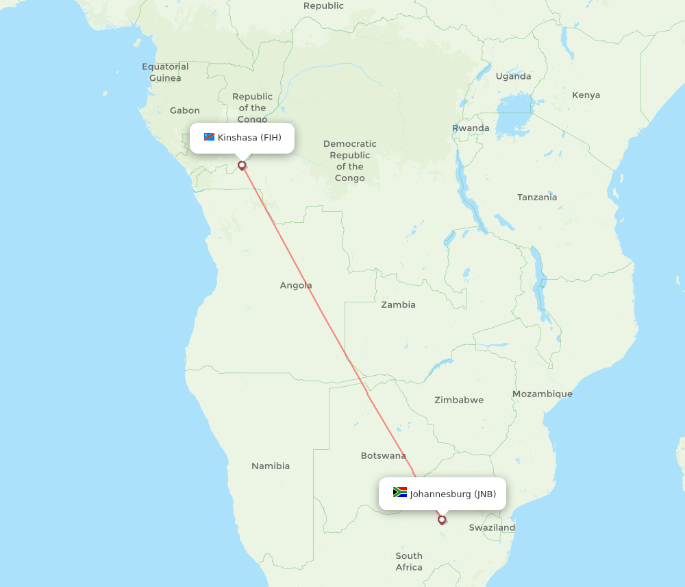 FIH to JNB flights and routes map