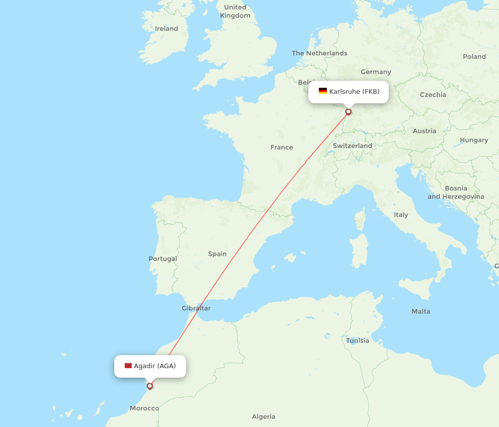 Karlsruhe/Baden-Baden - Agadir route map and flight paths