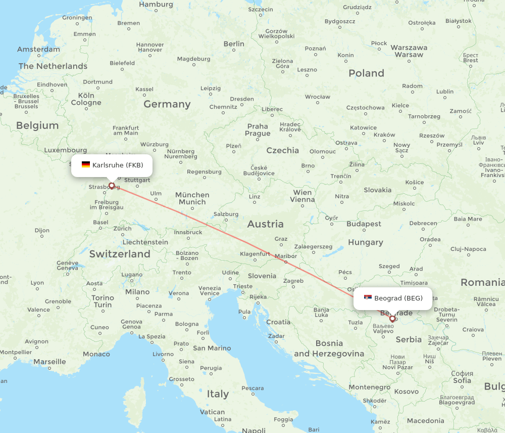 Karlsruhe/Baden-Baden - Belgrade route map and flight paths