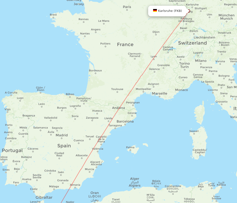Karlsruhe/Baden-Baden - Fes route map and flight paths
