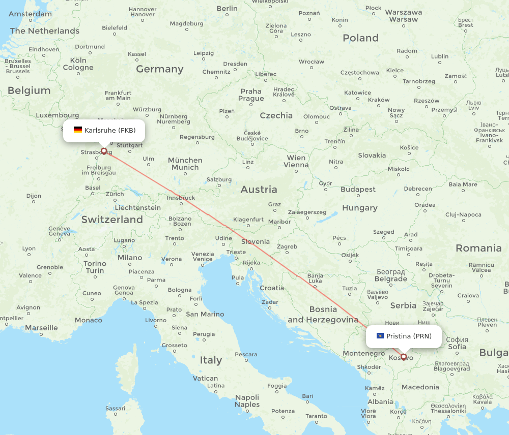 Karlsruhe/Baden-Baden - Pristina route map and flight paths