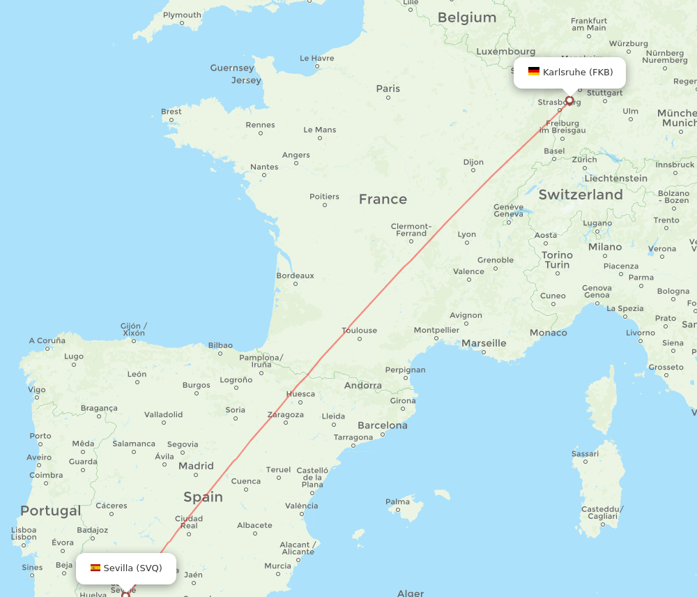 Karlsruhe/Baden-Baden - Sevilla route map and flight paths