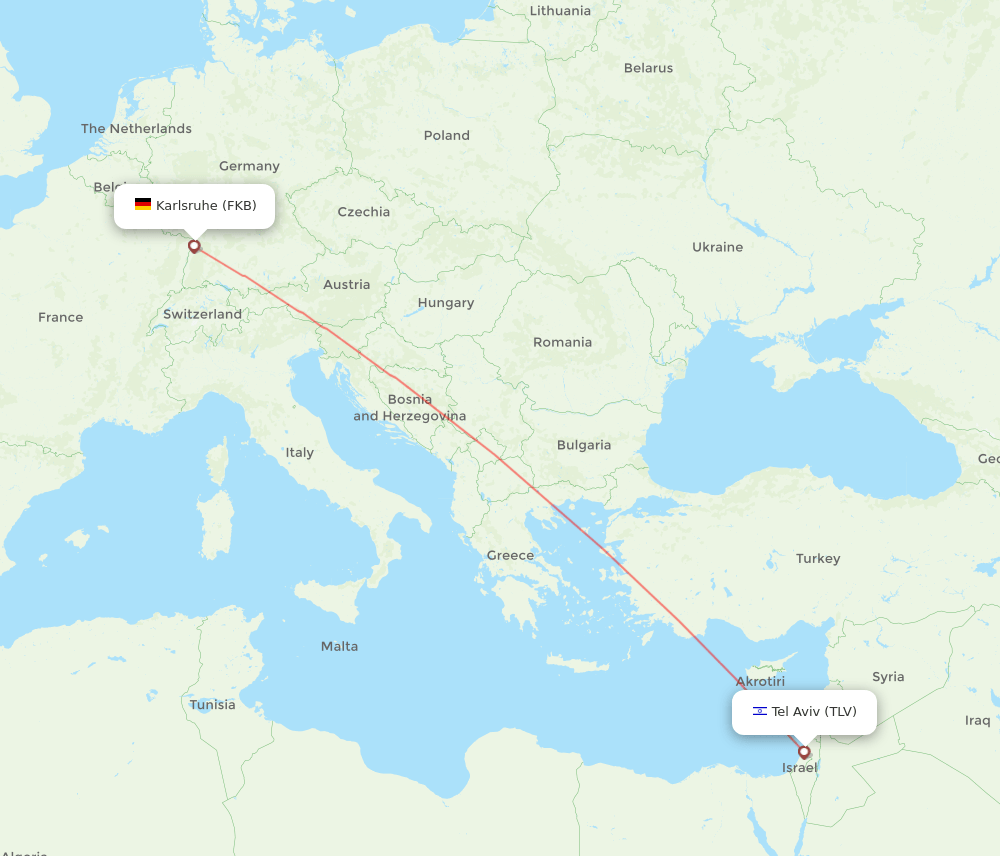 Karlsruhe/Baden-Baden - Tel Aviv-Yafo route map and flight paths