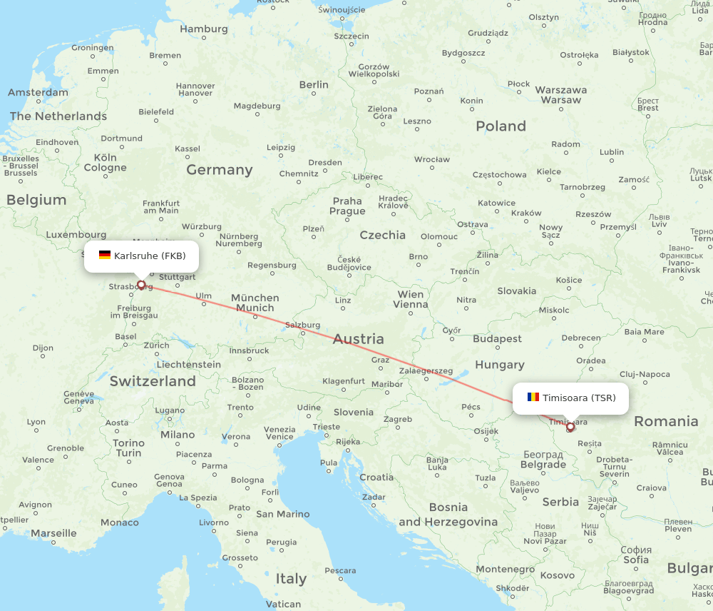 Karlsruhe/Baden-Baden - Timisoara route map and flight paths