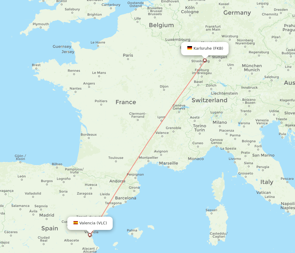 Karlsruhe/Baden-Baden - Valencia route map and flight paths