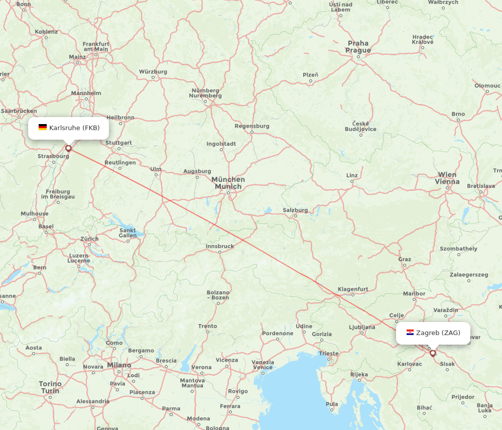 Karlsruhe/Baden-Baden - Zagreb route map and flight paths