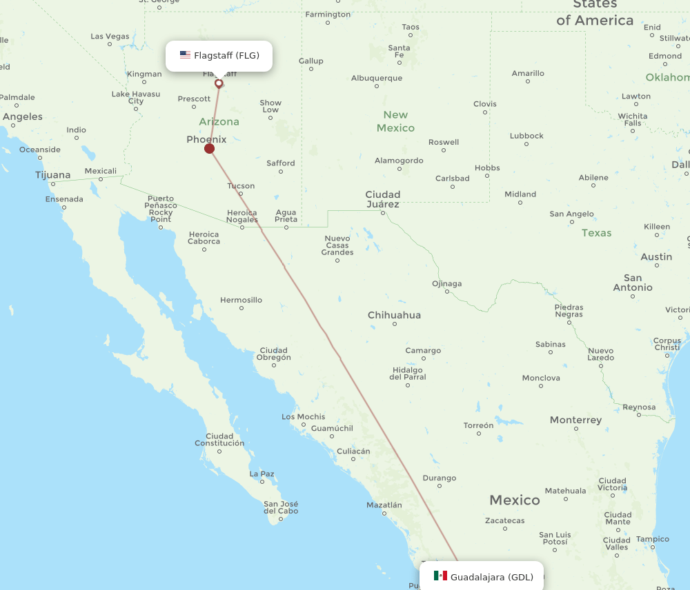 FLG to GDL flights and routes map