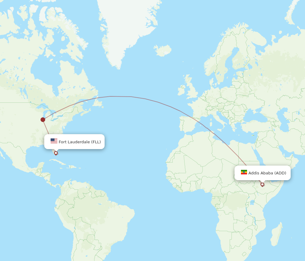Addis Ababa - Fort Lauderdale route map and flight paths